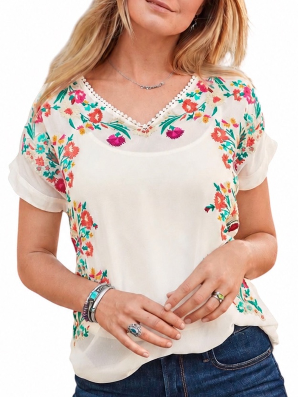 Sundance Silk Tell Your Story Embroidered Blouse & Camisole Boho Floral Cream M